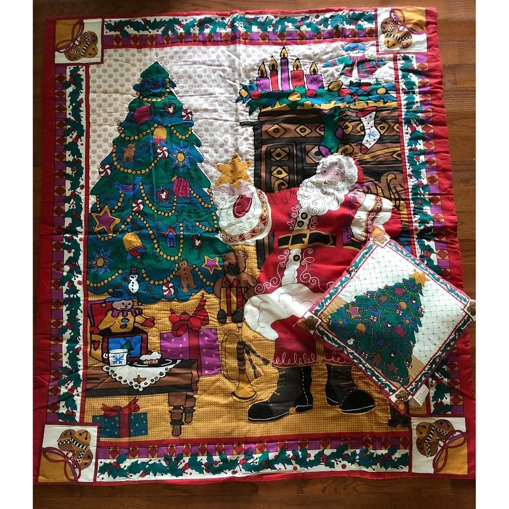 Vintage Christmas Lap Quilt & Pillow Santa Tree Gifts Hand Stitched 50x60 Read